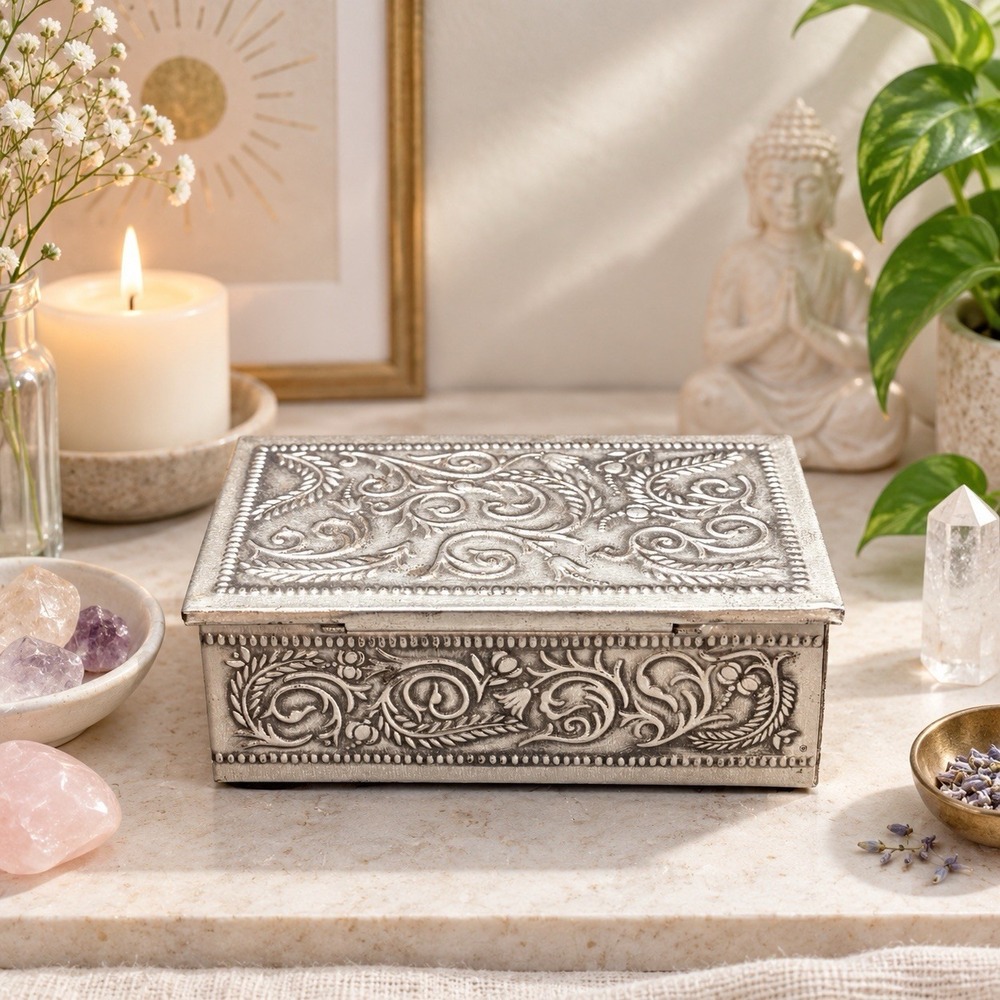 Vintage Postwar West Germany Tin Embossed Trinket Box Floral Botanical